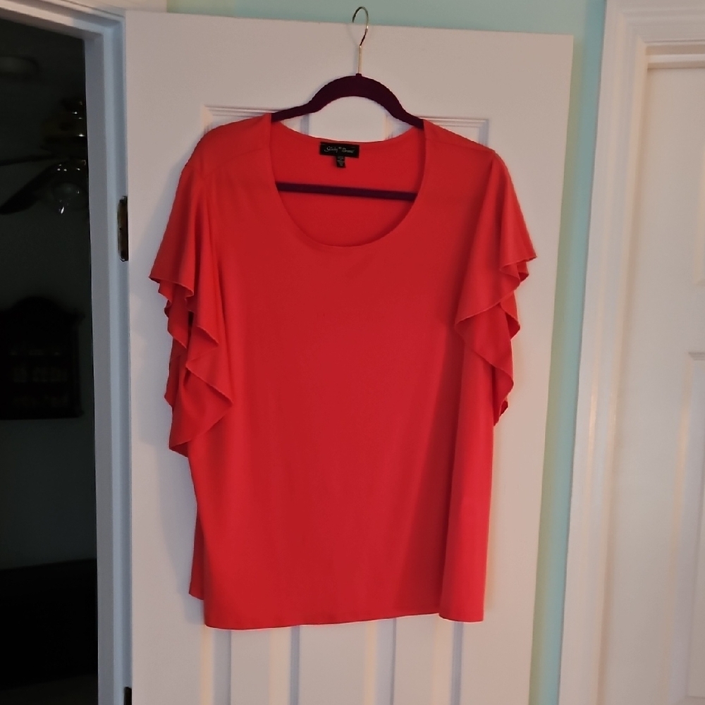 Calvin Klein Red Ruffled Short Sleeve Blouse